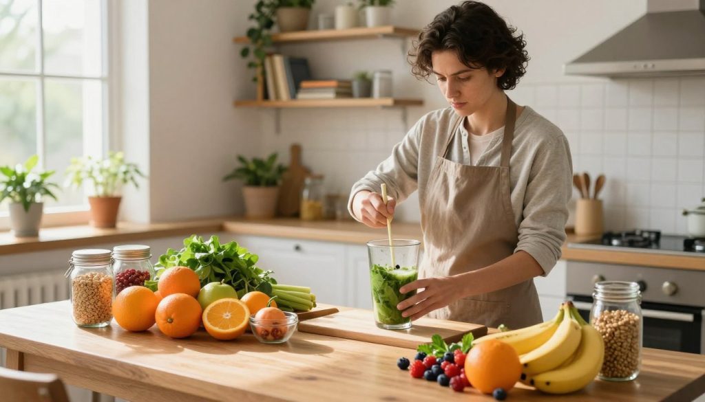 A bright and inviting kitchen scene showcases a diverse array of fresh, colorful ingredients symbolizing optimal nutrition for energy production. In the foreground, a wooden table displays vibrant fruits like oranges, bananas, and berries, alongside leafy greens and whole grains in glass jars, all well lit by natural sunlight filtering through a window. In the middle ground, a professional individual in casual attire prepares a nutritious smoothie, a look of determination on their face as they blend ingredients to maximize energy. The background features organized shelves filled with cookbooks and plants, creating a warm, motivating atmosphere. Soft, warm lighting enhances the inviting feel, encouraging a sense of wellness and focus on nutrition. The angle captures the scene from a slightly elevated perspective, inviting the viewer into a space dedicated to healthy living. A bright and inviting kitchen scene showcases a diverse array of fresh, colorful ingredients symbolizing optimal nutrition for energy production. In the foreground, a wooden table displays vibrant fruits like oranges, bananas, and berries, alongside leafy greens and whole grains in glass jars, all well lit by natural sunlight filtering through a window. In the middle ground, a professional individual in casual attire prepares a nutritious smoothie, a look of determination on their face as they blend ingredients to maximize energy. The background features organized shelves filled with cookbooks and plants, creating a warm, motivating atmosphere. Soft, warm lighting enhances the inviting feel, encouraging a sense of wellness and focus on nutrition. The angle captures the scene from a slightly elevated perspective, inviting the viewer into a space dedicated to healthy living.