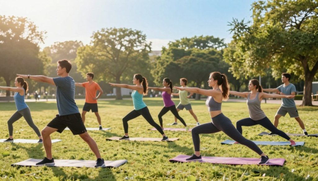 A bright and inviting morning scene depicting a diverse group of people engaged in a movement-based health routine in a sunlit park. In the foreground, a man in a fitted t-shirt and shorts stretches while a woman nearby, dressed in comfortable activewear, practices yoga. In the middle ground, others partake in various activities like jogging, calisthenics, and group exercises, showcasing a sense of community and motivation. The background features green trees bathed in warm morning light, with a clear blue sky adding to the energetic atmosphere. Soft shadows create depth, enhancing the feeling of a fresh start to the day. The overall mood is uplifting and inspiring, reflecting vitality and engagement in healthful movement.