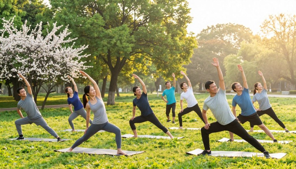 A bright and refreshing morning scene showcasing individuals engaged in a dynamic exercise routine in a tranquil park. In the foreground, a diverse group of men and women in comfortable, modest athletic wear are performing various exercises such as yoga poses, jogging, and stretching. The middle ground features lush green trees and blooming flowers, creating an inviting atmosphere, while in the background, a gentle sunrise casts a golden hue over the landscape, illuminating the cheerful expressions of the participants. The lighting is soft yet vibrant, emphasizing the freshness of the morning. The image conveys a sense of energy, motivation, and well-being, encapsulating the essence of a proactive movement-based health routine.