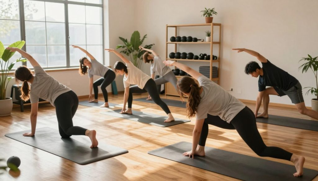 A bright, inviting home gym setting designed for natural movement. In the foreground, a diverse group of individuals dressed in modest, professional athletic wear engage in various exercise routines, including stretching, yoga, and light strength training. The middle section features smartly arranged furniture that promotes fluid movement, such as a yoga mat on polished wood flooring and weights neatly stored on shelves. In the background, large windows let in warm, natural light, enhancing the space with a welcoming atmosphere. Potted plants add a touch of greenery, contributing to a holistic, vibrant environment. The scene captures a sense of harmony between home aesthetics and an active lifestyle, emphasizing ease of movement and wellness. Soft shadows create depth, with a lens angle highlighting the dynamic activities.