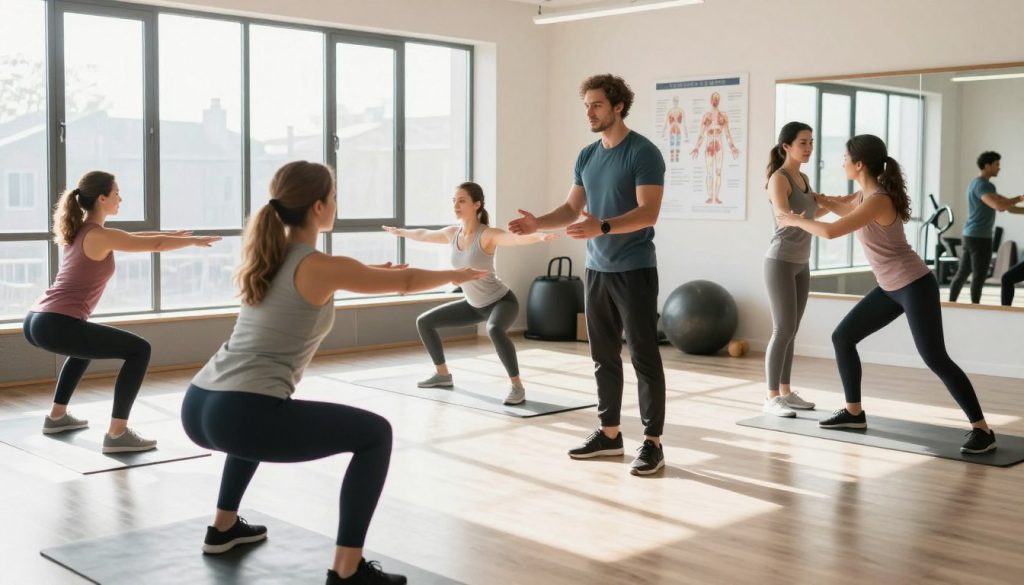 A bright, open fitness studio with natural lighting streaming through large windows. In the foreground, a diverse group of individuals, dressed in professional fitness attire, is engaged in various movement assessment activities: one person performing a squat with proper form, another coordinating balance exercises, and a third evaluating their flexibility with a stretching routine. In the middle, an experienced trainer observes closely, offering guidance and feedback, with a focused expression. The background showcases fitness equipment and informative charts on body mechanics, highlighting a professional yet inviting atmosphere. Soft shadows add depth, and the overall mood conveys a sense of exploration and self-improvement in fitness. The image is captured with a slightly angled perspective to emphasize the dynamics of movement.