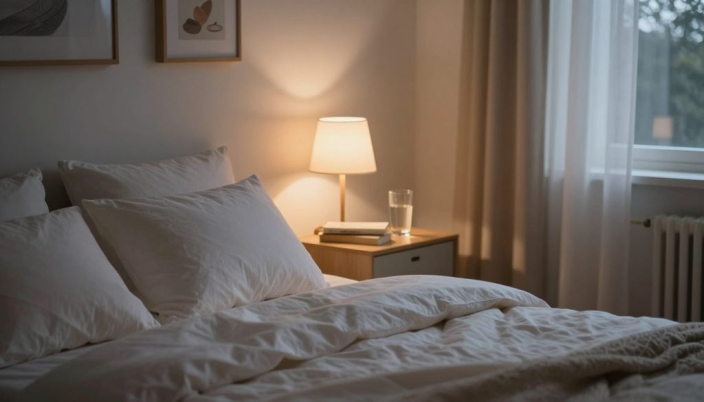 A cozy bedroom designed for optimal sleep, featuring soft ambient lighting from a bedside lamp casting a warm glow. In the foreground, a neatly made bed with fluffy pillows and a plush duvet invites restfulness. The middle layer showcases a gentle nightstand with a small stack of calming books, a glass of water, and a scented candle. In the background, soothing wall art and a window slightly open to reveal soft curtains fluttering in the clean evening air. The setting is tranquil and welcoming, evoking peace and relaxation. The overall atmosphere should be serene, conveying the essence of wind-down rituals, energy recovery, and rejuvenation. Use a soft focus lens to enhance the calming effect, with a realistic depth of field that highlights the inviting details while gently blurring the background. A cozy bedroom designed for optimal sleep, featuring soft ambient lighting from a bedside lamp casting a warm glow. In the foreground, a neatly made bed with fluffy pillows and a plush duvet invites restfulness. The middle layer showcases a gentle nightstand with a small stack of calming books, a glass of water, and a scented candle. In the background, soothing wall art and a window slightly open to reveal soft curtains fluttering in the clean evening air. The setting is tranquil and welcoming, evoking peace and relaxation. The overall atmosphere should be serene, conveying the essence of wind-down rituals, energy recovery, and rejuvenation. Use a soft focus lens to enhance the calming effect, with a realistic depth of field that highlights the inviting details while gently blurring the background.