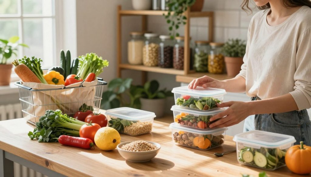 A cozy kitchen setting filled with natural light, featuring a wooden table adorned with a colorful array of fresh organic vegetables, fruits, and whole grains. In the foreground, a person dressed in modest casual clothing is enthusiastically organizing meal prep containers, showcasing a healthy, eco-friendly meal plan. A shopping basket nearby holds reusable bags filled with seasonal produce. The middle ground reflects neatly organized pantry shelves with glass jars containing grains and legumes, promoting zero waste. In the background, lush indoor plants thrive, enhancing the green atmosphere. The scene is bright and inviting, spotlighting the concept of sustainable eating and smart shopping habits. Soft sunlight streaming through a window casts a warm glow, creating an uplifting, harmonious mood.