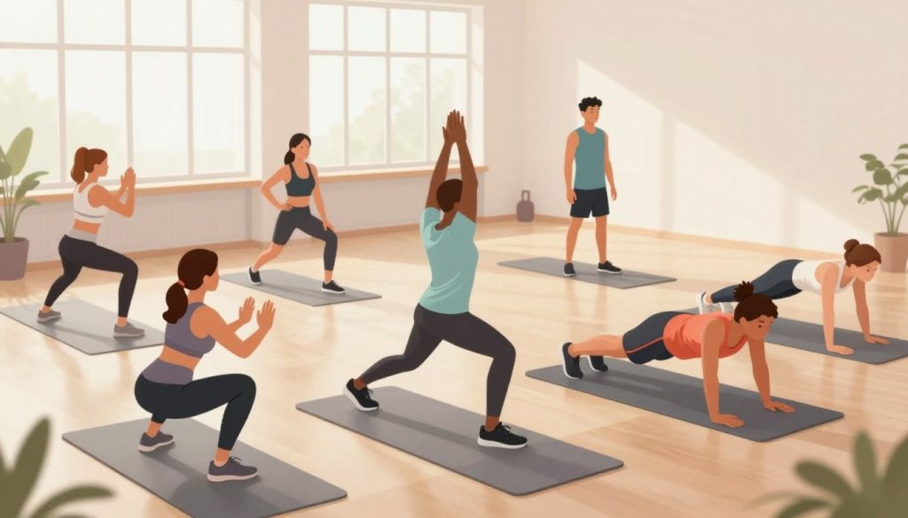 A dynamic illustration showcasing the seven essential functional movement patterns, featuring a diverse group of individuals performing each movement. In the foreground, a person executes a squat, while another performs a lunge and a third engages in a push-up. The middle ground includes individuals demonstrating hip hinge and rotational movements, conveying a sense of fluidity and strength. The background displays a bright, airy gym environment with large windows allowing natural light to flood in, enhancing the overall atmosphere of vitality and health. The scene is captured from a slightly elevated angle, emphasizing the movements. Soft, warm lighting creates an inviting mood, encouraging viewers to feel inspired about their functional movement journey.