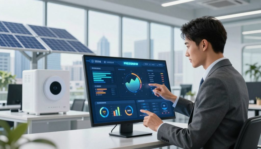 A modern energy management system concept design, featuring an interactive dashboard displaying various energy consumption metrics. In the foreground, a young professional in business attire is actively analyzing data on a touchscreen interface. The middle ground showcases a sleek, futuristic office environment, with smart appliances and renewable energy solutions like solar panels visible through large windows. The background includes urban cityscapes, representing a connected and sustainable future. The lighting is bright and optimistic, with soft glows highlighting the dashboard elements. The mood conveys innovation and empowerment, inviting viewers to envision their own personalized energy solutions in this high-tech atmosphere.
