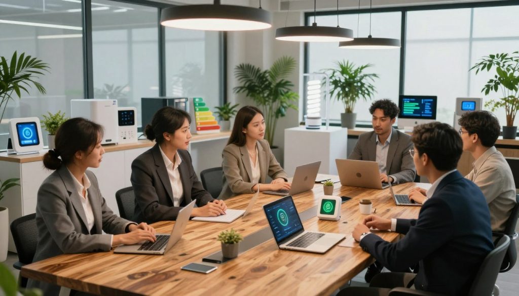 A modern office setting showcasing various energy efficiency measures. In the foreground, a group of diverse professionals in smart business attire discusses energy-saving technologies around an eco-friendly conference table made from reclaimed wood. In the middle, there are displays of energy-efficient appliances, LED lighting fixtures, and smart thermostats, highlighting their innovative features. The background features large windows allowing natural light to flood the room, surrounded by indoor plants that promote sustainability. Use soft, warm lighting to create an inviting atmosphere, emphasizing a sense of collaboration and forward-thinking. Capture the scene from a slightly elevated angle to showcase both the professionals engaging with each other and the energy-efficient innovations surrounding them.