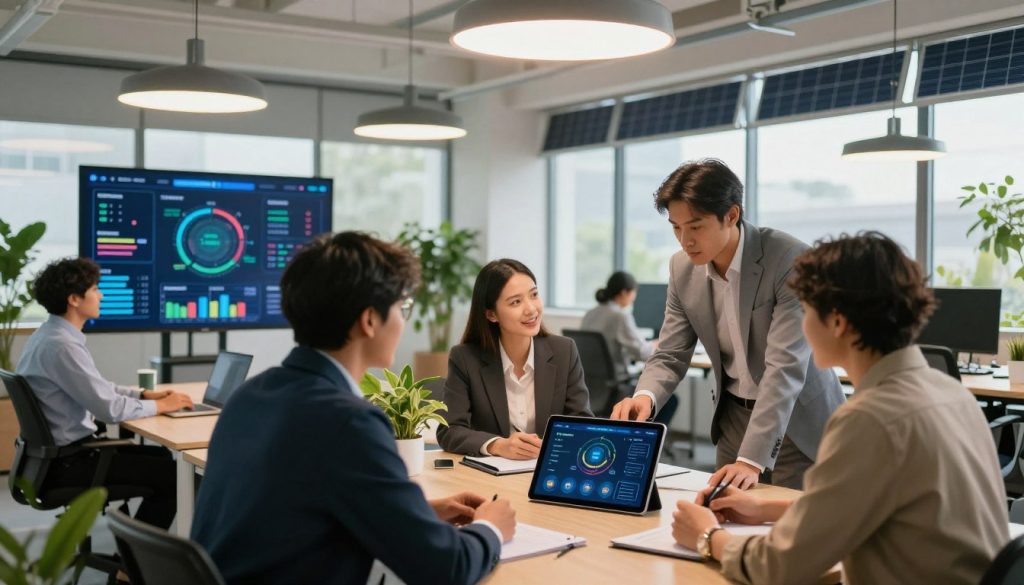 A modern office workspace showcasing energy efficiency solutions. In the foreground, a diverse group of professionals in business attire are engaged in a collaborative discussion around a sleek, innovative energy management system on a digital tablet. Middle ground features a smart energy dashboard with colorful graphs displaying energy usage patterns and suggestions for improvement, alongside energy-efficient devices like LED lights and solar panels. The background reveals a bright, airy office filled with greenery and large windows, allowing natural light to pour in, with solar shades partially drawn. The atmosphere is energetic and inspiring, emphasizing sustainability and proactive habits. The lighting is warm and inviting, creating a sense of optimism and motivation for personal energy management.