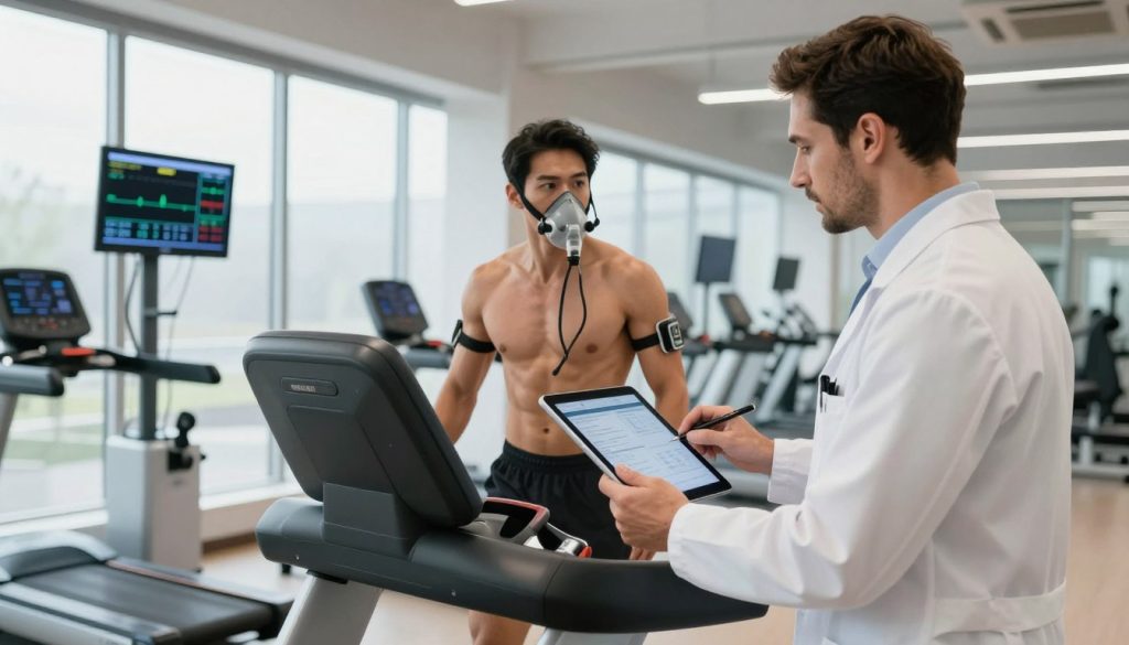 A professional fitness lab setting with a focus on metabolic efficiency testing. In the foreground, a well-dressed fitness consultant in a lab coat analyzes data on a digital tablet while observing a fit individual on a treadmill wearing a breathing mask and heart rate monitors. The middle ground features high-tech equipment, including metabolic carts and screens displaying real-time metabolic data. The background shows a clean, modern exercise space with bright, natural lighting coming from large windows, creating an energetic and motivating atmosphere. The perspective is a slightly low angle, emphasizing the advanced technology and expertise present in the scene. This image conveys a sense of professionalism and scientific accuracy in assessing metabolic efficiency.