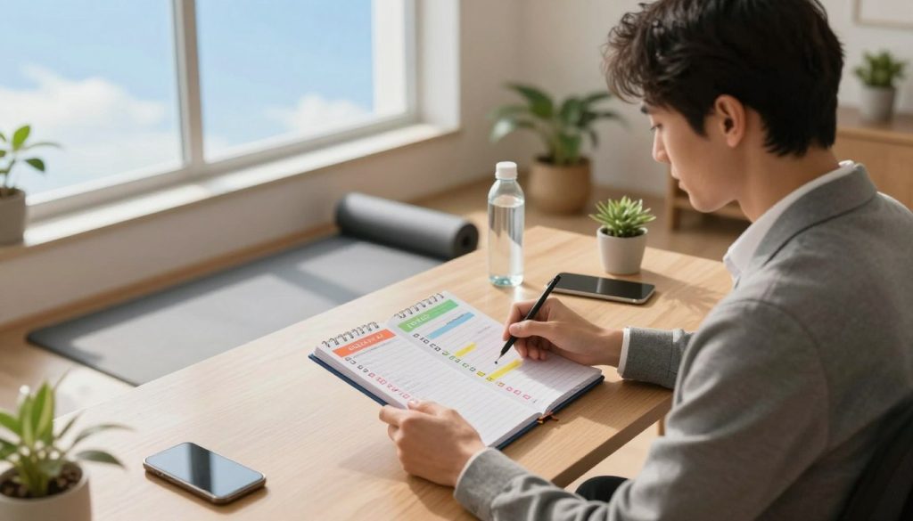 A serene home office scene illustrating a "daily energy optimization routine." In the foreground, a focused individual in professional business attire is sitting at an ergonomic desk, reviewing a colorful planner filled with checklists and goals. Moving to the middle ground, a well-organized workspace displays a yoga mat, a water bottle, and a small indoor plant, symbolizing a blend of productivity and wellness. In the background, a large window lets in soft, natural light, highlighting a clear blue sky. The overall atmosphere is calm and motivating, with warm lighting enhancing the feeling of energy and focus, shot from a slightly elevated angle to capture the entire scene harmoniously. A serene home office scene illustrating a "daily energy optimization routine." In the foreground, a focused individual in professional business attire is sitting at an ergonomic desk, reviewing a colorful planner filled with checklists and goals. Moving to the middle ground, a well-organized workspace displays a yoga mat, a water bottle, and a small indoor plant, symbolizing a blend of productivity and wellness. In the background, a large window lets in soft, natural light, highlighting a clear blue sky. The overall atmosphere is calm and motivating, with warm lighting enhancing the feeling of energy and focus, shot from a slightly elevated angle to capture the entire scene harmoniously.