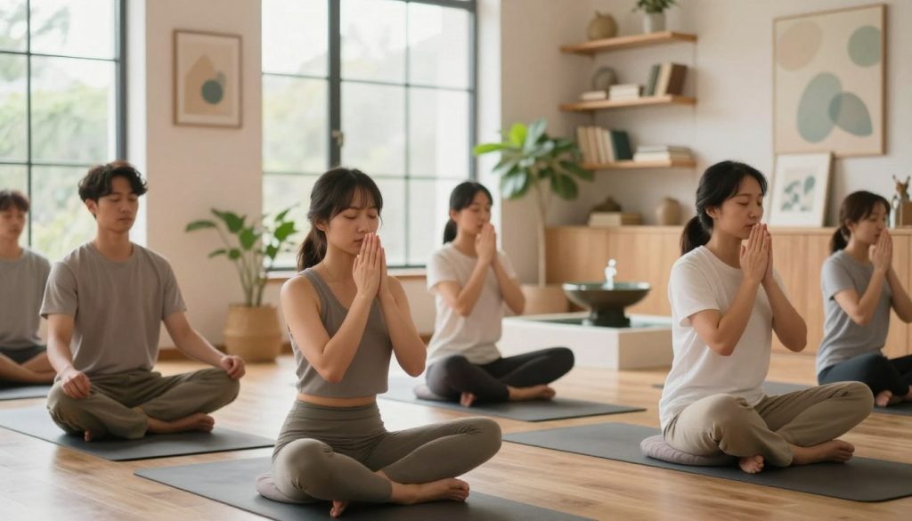 A serene indoor setting dedicated to mindfulness practices. In the foreground, a diverse group of individuals in modest casual clothing—one meditating on a yoga mat, another practicing deep breathing beside a small indoor plant, and a third doing gentle stretches while seated on a cushion. In the middle, soft natural light filters through large windows, illuminating a cozy space adorned with calming colors, wooden shelves filled with books on wellness, and peaceful artwork. In the background, a small fountain trickles quietly, enhancing the tranquil atmosphere. The image conveys a mood of calmness and focus, ideal for supporting an active lifestyle with wellness strategies, captured in a warm, inviting atmosphere using a soft focus lens to enhance the feeling of peace.