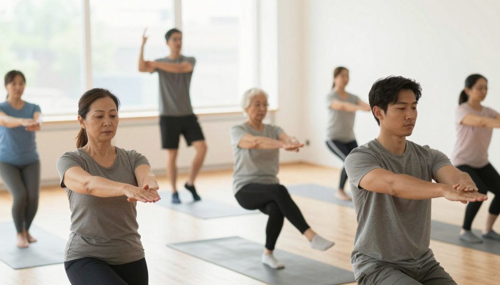 A serene indoor setting featuring a diverse group of individuals demonstrating mobility exercises. In the foreground, a middle-aged woman in modest athletic wear performs a gentle stretch, her face reflecting focus and calm. Beside her, a young man engages in a dynamic hip mobility routine, highlighting his fluid movements. In the middle ground, an elderly participant practices seated leg lifts, emphasizing accessibility. The background shows a bright, airy space with large windows, allowing soft natural light to flood in, creating a warm and inviting atmosphere. The camera angle is slightly elevated, capturing the entire scene in a wide shot that conveys a sense of community and health. The overall mood is uplifting, promoting wellness and vitality.