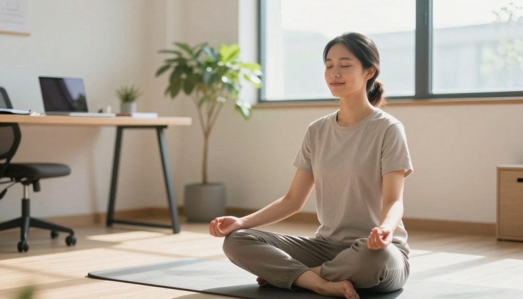 A serene office environment illustrating mindfulness practices for stress and time management. In the foreground, a focused professional dressed in modest casual clothing sits cross-legged on a yoga mat, eyes closed in meditation, with a gentle smile. The middle ground features a small indoor plant and a neatly organized desk with a laptop and notepad, suggesting productivity. The background includes a large window with soft, natural daylight streaming in, creating a warm and inviting atmosphere. The overall mood is calm and balanced, inviting the viewer to envision a stress-free workspace. Use soft focus with a slight bokeh effect on the background to enhance the feeling of tranquility and mindfulness. A serene office environment illustrating mindfulness practices for stress and time management. In the foreground, a focused professional dressed in modest casual clothing sits cross-legged on a yoga mat, eyes closed in meditation, with a gentle smile. The middle ground features a small indoor plant and a neatly organized desk with a laptop and notepad, suggesting productivity. The background includes a large window with soft, natural daylight streaming in, creating a warm and inviting atmosphere. The overall mood is calm and balanced, inviting the viewer to envision a stress-free workspace. Use soft focus with a slight bokeh effect on the background to enhance the feeling of tranquility and mindfulness.