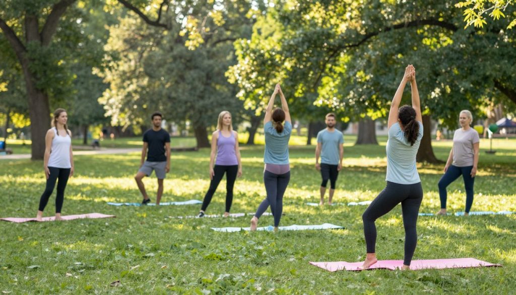 A serene outdoor setting depicting individuals practicing natural body movement habits, such as stretching, walking, and flowing movements. In the foreground, a person dressed in modest athletic clothing performs a gentle stretch, emphasizing ease and fluidity. In the middle ground, a diverse group engages in activities like yoga, walking, and balancing, showcasing a range of motion and natural postures. The background features a lush green park with soft, filtered sunlight breaking through the trees, creating a peaceful and uplifting atmosphere. The scene is captured with a wide-angle lens to encompass the harmonious interaction between nature and the individuals. The mood is tranquil and inspiring, encouraging viewers to appreciate the beauty of natural movement and its benefits for fitness.