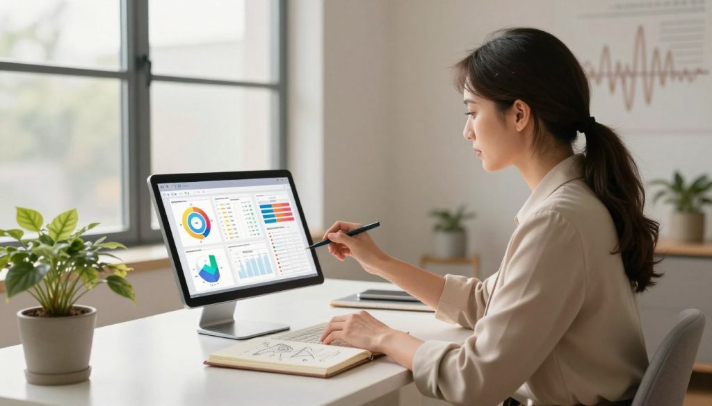 A serene workspace featuring a professional woman in modest business attire sitting at a sleek desk illuminated by soft natural light from a large window. She is focused on a digital planner displaying vibrant charts and schedules, symbolizing energy rhythm planning. In the foreground, a potted plant adds a touch of organic beauty, while in the middle ground, an open notebook with sketches and notes complements the digital tools. The background is filled with abstract representations of energy waves and rhythmic patterns subtly integrated into the walls, suggesting an atmosphere of creativity and productivity. The overall mood is calm yet inspiring, with a warm color palette and a depth of field effect emphasizing the subject who embodies mastery over her energy planning strategy. A serene workspace featuring a professional woman in modest business attire sitting at a sleek desk illuminated by soft natural light from a large window. She is focused on a digital planner displaying vibrant charts and schedules, symbolizing energy rhythm planning. In the foreground, a potted plant adds a touch of organic beauty, while in the middle ground, an open notebook with sketches and notes complements the digital tools. The background is filled with abstract representations of energy waves and rhythmic patterns subtly integrated into the walls, suggesting an atmosphere of creativity and productivity. The overall mood is calm yet inspiring, with a warm color palette and a depth of field effect emphasizing the subject who embodies mastery over her energy planning strategy.