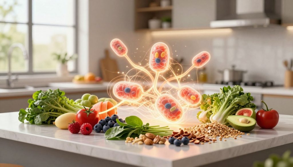A vibrant and dynamic illustration depicting “cellular energy nutrition.” In the foreground, a colorful array of nutrient-rich foods, such as leafy greens, berries, nuts, and whole grains, beautifully arranged on a sleek, modern countertop. In the middle ground, a glowing, abstract representation of human cells, pulsating with energy, interconnected with strands of light that symbolize the flow of nutrients. The background features a soft-focus kitchen environment filled with natural light streaming through large windows, creating a warm and inviting atmosphere. The camera angle is slightly above eye level, capturing the richness of the foods and the energetic vibe of the cells. The overall mood is uplifting and health-focused, showcasing the relationship between nutrition and cellular vitality.
