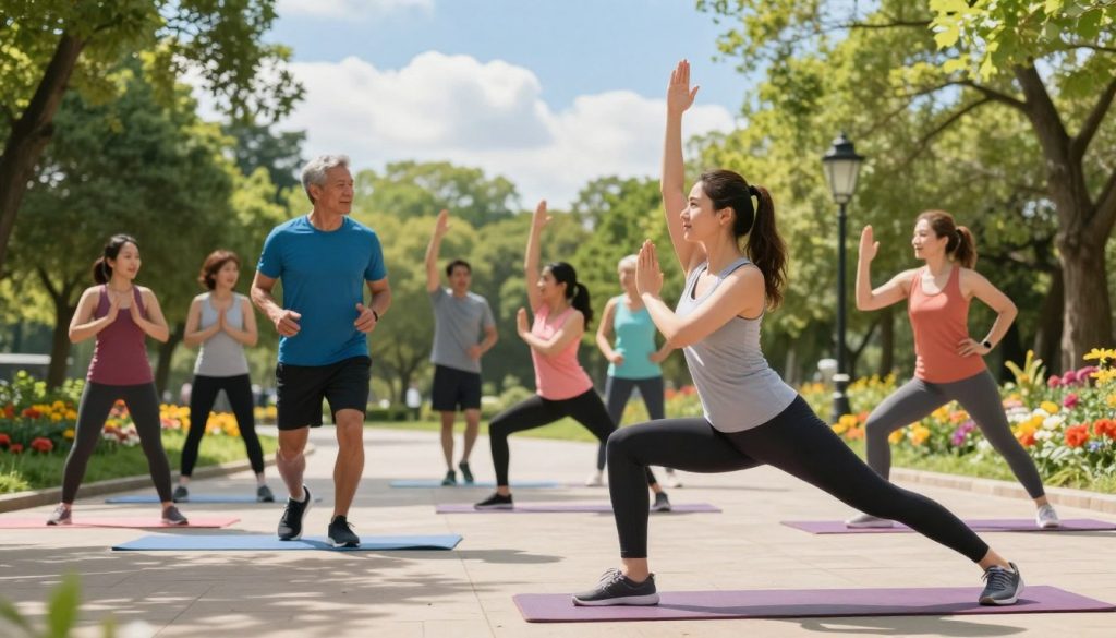 A vibrant and dynamic image showcasing a diverse group of individuals engaging in various physical activities, emphasizing mitochondrial wellness through movement. In the foreground, a young woman in professional athletic clothing is performing yoga poses, radiating energy and balance. In the middle, a diverse group of people, including a middle-aged man jogging and a woman stretching, exemplify different forms of exercise, surrounded by lush greenery and colorful flowers. The background features a sunlit park with clear blue skies and soft clouds, creating a sense of tranquility and vitality. Natural sunlight filters through trees, casting gentle patterns on the ground, enhancing the mood of health and vitality. The composition invites the viewer to feel inspired and motivated to engage in physical activity for optimal mitochondrial function.