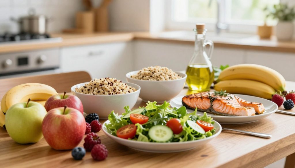 A vibrant and inviting spread of a balanced diet on a wooden dining table. In the foreground, a colorful array of fresh fruits like apples, bananas, and berries, accompanied by a salad of leafy greens, cherry tomatoes, and cucumber, drizzled with olive oil. The middle section features whole grains like quinoa and brown rice in elegant bowls, alongside grilled salmon fillets seasoned with herbs. The background showcases a bright kitchen with soft natural lighting filtering through a window, illuminating the food and creating a warm atmosphere. The focus should be sharp on the food, with a shallow depth of field to softly blur the kitchen backdrop, enhancing a feeling of health and vitality. A vibrant and inviting spread of a balanced diet on a wooden dining table. In the foreground, a colorful array of fresh fruits like apples, bananas, and berries, accompanied by a salad of leafy greens, cherry tomatoes, and cucumber, drizzled with olive oil. The middle section features whole grains like quinoa and brown rice in elegant bowls, alongside grilled salmon fillets seasoned with herbs. The background showcases a bright kitchen with soft natural lighting filtering through a window, illuminating the food and creating a warm atmosphere. The focus should be sharp on the food, with a shallow depth of field to softly blur the kitchen backdrop, enhancing a feeling of health and vitality.