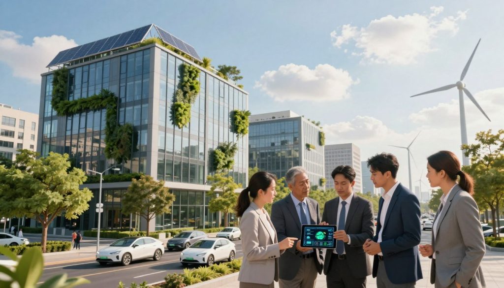 A vibrant cityscape showcasing a modern office building with solar panels on the rooftop and vertical gardens on the walls, illustrating green technology adoption. In the foreground, a diverse group of professionals in business attire discuss Eco-friendly innovations while examining a digital tablet displaying environmental data. The middle ground features electric vehicles parked along tree-lined streets, and nearby, wind turbines dot the skyline, symbolizing sustainable energy. The background reveals a blue sky with fluffy clouds, gently bathed in soft, warm sunlight, creating an optimistic atmosphere. Shot from a slightly low angle to emphasize the height of the buildings and greenery, the image encapsulates a harmonious blend of nature and technology, evoking hope and progress towards a sustainable future.