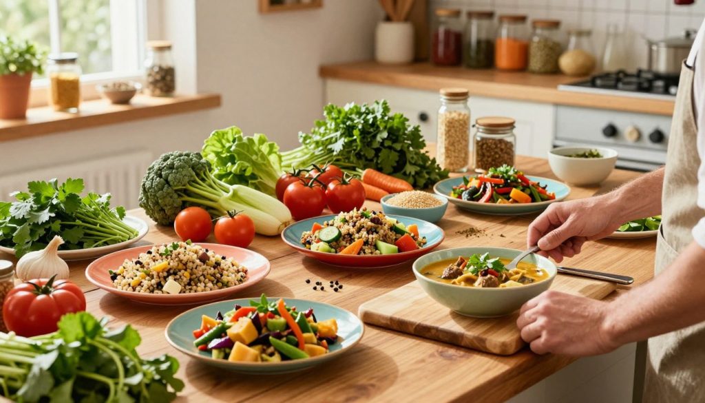 A vibrant kitchen scene that showcases an array of low carbon footprint recipes, featuring fresh, organic vegetables, grains, and herbs artfully arranged on a wooden countertop. In the foreground, a hands-on preparation area with chopping boards and utensils, highlighting the process of creating energy-saving meals. In the middle ground, a rustic table with colorful plates displaying beautifully plated dishes like quinoa salads, vegetable stir-fries, and plant-based soups. The background features shelves with jars of spices and ingredients, creating a cozy, inviting atmosphere. Natural sunlight filters through a window, casting soft, warm light over the scene, enhancing the vibrant colors of the food. The mood is cheerful and inspiring, reflecting a commitment to sustainable cooking practices.