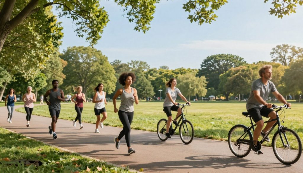 A vibrant outdoor scene depicting individuals engaged in various forms of exercise, showcasing movement and vitality. In the foreground, a diverse group of people in modest athletic wear is performing activities like jogging, cycling, and yoga on a sunlit park pathway. The middle ground features a lush, green landscape with trees and open spaces, emphasizing a connection to nature. In the background, a clear blue sky enhances the uplifting mood, with soft, warm sunlight filtering through the leaves, casting gentle shadows. The lens should convey a slightly wide-angle view to capture both the people and the expansive park. The atmosphere should feel energetic and inspiring, reflecting the theme of boosting cellular energy through active lifestyle choices.