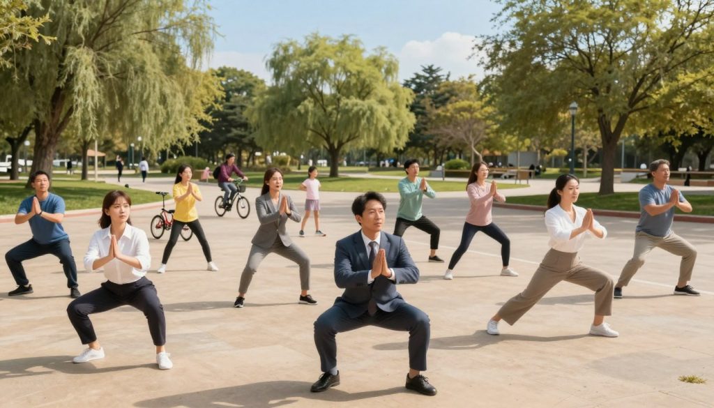 A vibrant scene showcasing the benefits of functional movement integrated into daily life. In the foreground, a diverse group of individuals, dressed in professional business attire and modest casual clothing, engage in dynamic exercises like squats, lunges, and stretches, demonstrating movement efficiency and strength. The middle ground features a park setting with families playing, individuals cycling, and people practicing yoga, highlighting activity and wellness. The background includes gently swaying trees and a bright blue sky, creating a feeling of tranquility and health. Soft, natural lighting casts warm hues over the scene, capturing an uplifting and energetic atmosphere. The composition is shot from a slightly elevated angle, emphasizing the diversity of movement and lifestyle, showing functional movement as an essential part of a healthy, active life.