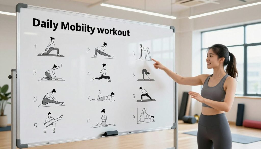 A visually appealing daily mobility workout schedule displayed on a large, modern whiteboard in a bright, well-lit gym environment. In the foreground, an organized list outlines various mobility exercises, such as dynamic stretches and yoga poses, represented with simple icons and diagrams. The middle ground features a fitness instructor, dressed in modest activewear, demonstrating one of the mobility exercises, with an engaging and encouraging expression. The background reveals fitness equipment like mats and foam rollers, complemented by large windows letting in natural light, creating an uplifting atmosphere. The image should have a vibrant and motivational feel, showcasing a commitment to a healthy lifestyle. Aim for a slightly elevated angle to capture the board and instructor clearly, emphasizing clarity and positivity in the scene.