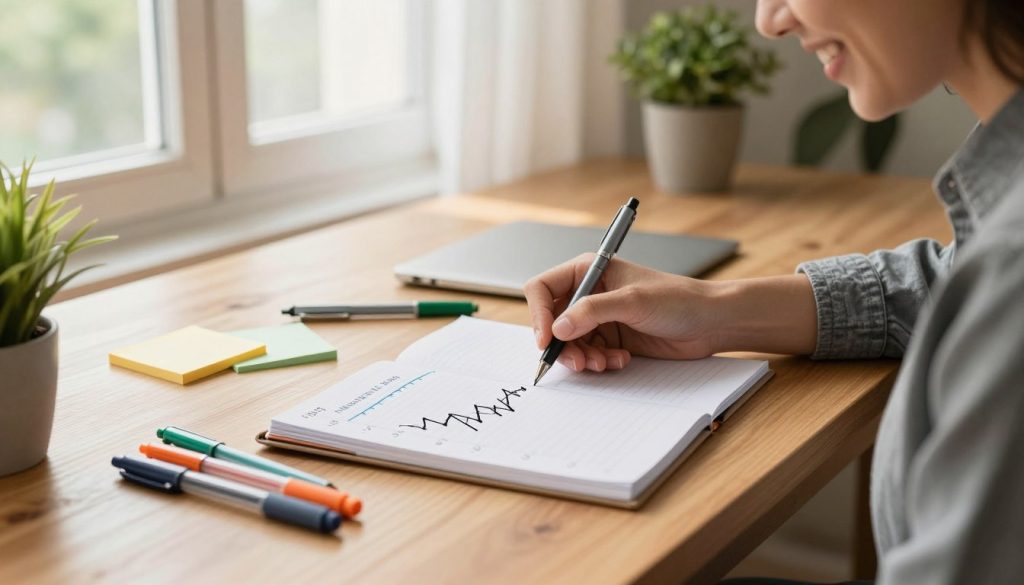 An open energy tracking log on a sleek wooden desk, with a handwritten graph depicting fluctuating energy levels over a week, surrounded by a set of colored pens and sticky notes. In the foreground, a focused individual in smart casual attire is filling out the log with a friendly smile, their hand poised on a pen, capturing their daily energy insights. The middle ground features a sunny window with sheer curtains, allowing warm, natural light to illuminate the space, creating a cozy atmosphere. In the background, a potted plant adds a touch of greenery to the setting, enhancing the feeling of productivity and calm. The overall scene conveys motivation and mindfulness, emphasizing the importance of tracking personal energy patterns.